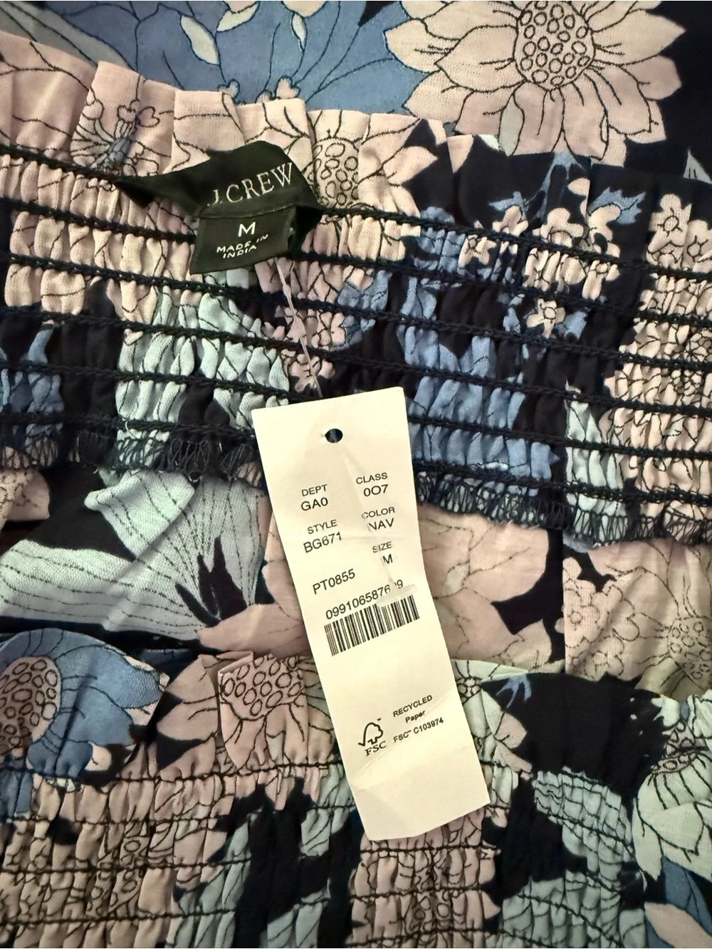 J. Crew Navy Floral Smocked Square-Neck Puff-Sleeve Top